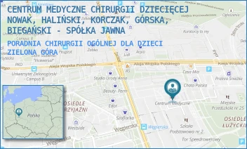 PORADNIA CHIRURGII OGÓLNEJ DLA DZIECI - CENTRUM MEDYCZNE CHIRURGII DZIECIĘCEJ NOWAK, HALIŃSKI, KORCZAK, GÓRSKA, BIEGAŃSKI - SPÓŁKA JAWNA - UL. STEFANA WYSZYŃSKIEGO 99/102,  ZIELONA GÓRA