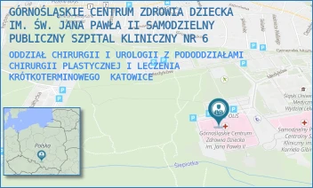 ODDZIAŁ CHIRURGII I UROLOGII Z PODODDZIAŁAMI CHIRURGII PLASTYCZNEJ I LECZENIA KRÓTKOTERMINOWEGO - GÓRNOŚLĄSKIE CENTRUM ZDROWIA DZIECKA IM. ŚW. JANA PAWŁA II SAMODZIELNY PUBLICZNY SZPITAL KLINICZNY NR 6 - UL. MEDYKÓW 16,  KATOWICE