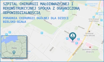 PORADNIA CHIRURGII OGÓLNEJ DLA DZIECI - SZPITAL CHIRURGII MAŁOINWAZYJNEJ I REKONSTRUKCYJNEJ SPÓŁKA Z OGRANICZONĄ ODPOWIEDZIALNOŚCIĄ - AL. ARMII KRAJOWEJ 180,  BIELSKO-BIAŁA